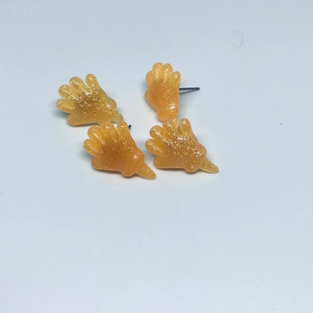 Orange Glitter Sticky Hand Resin Kawaii Hand Crafted Stud Earrings